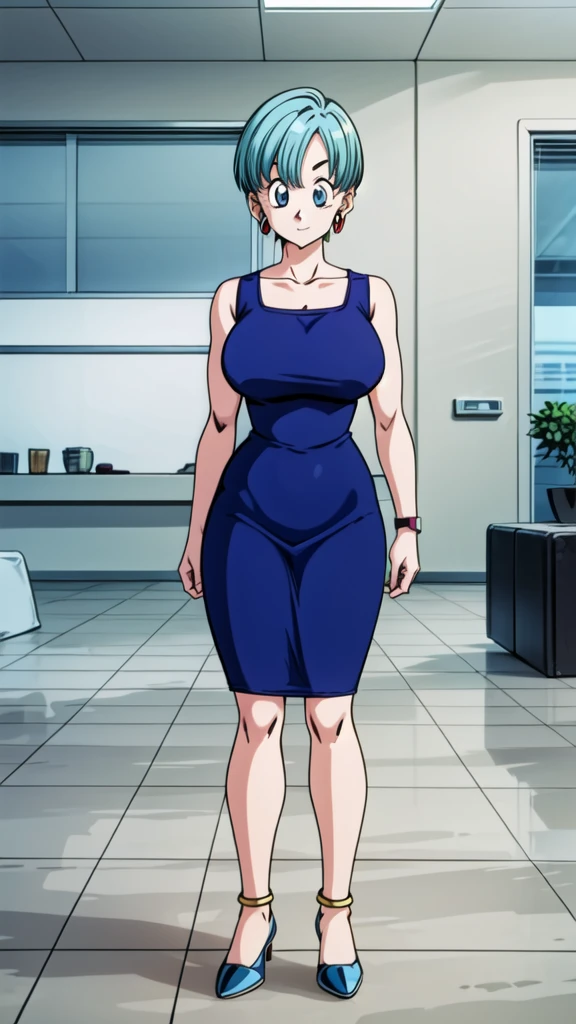 bulma, 1girl, solo, looking at viewer, bowl cut, very short hair, blue eyes, holding, jewelry, upper body, earrings,  hair, sleeveless, indoors, bracelet, watch, hoop earrings, wristwatch, (huge breasts 1.3), curvy hips, full body, blue dress
