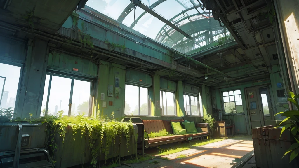 create a scene of an abandoned train station room being taken over by plants. the setting must be futuristic. cyberpunkstyle.