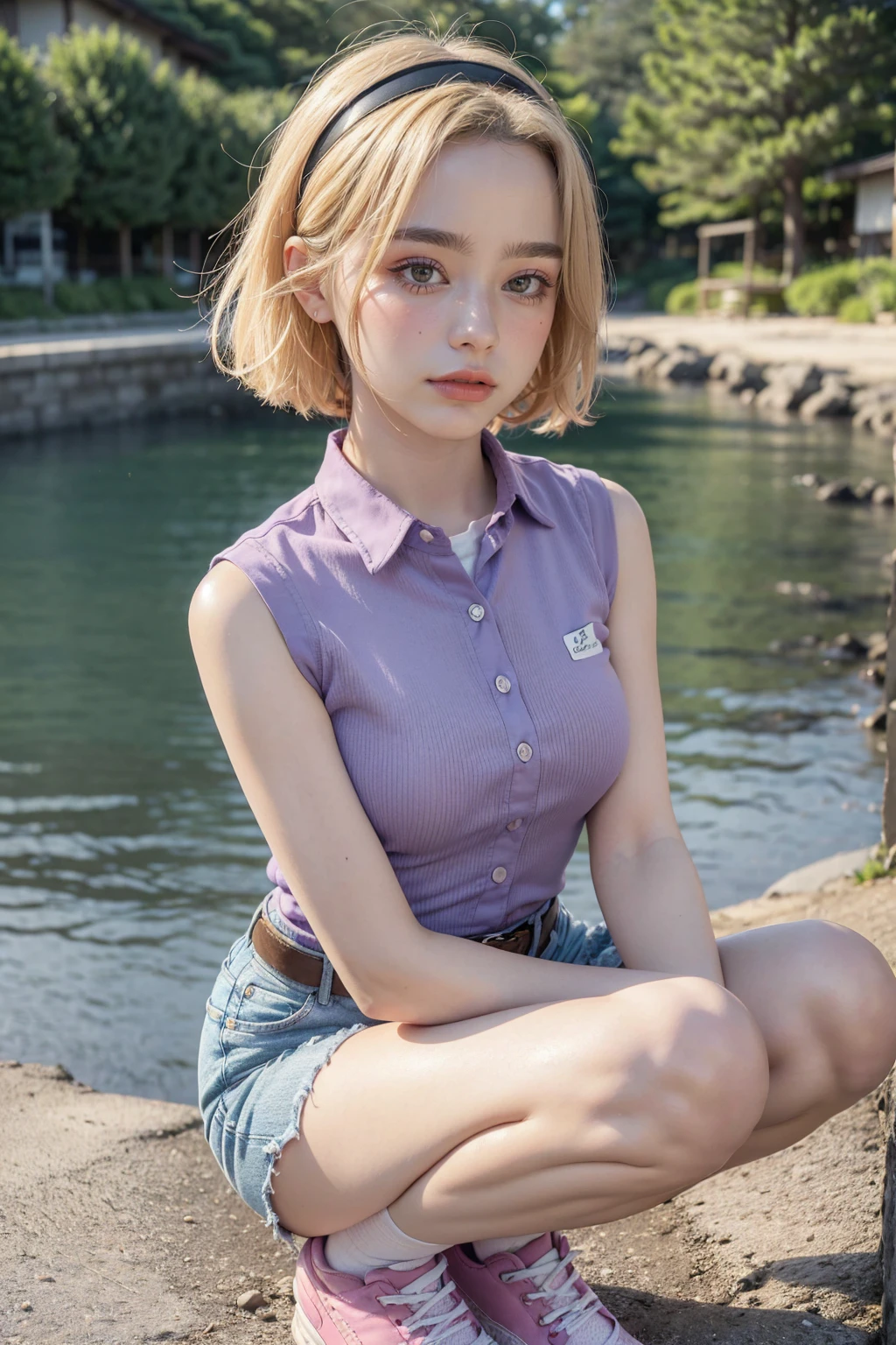 1 woman ((30 years old)), tarankaaa, NOT DASHA TARAN, standing position, perfect body, best quality, 32k, photograph, full body (head to toe), tone mapping, ((houjou satoko,short hair,black hairband,blonde hair,violet eyes,hair between eyes,collared shirt,sleeveless shirt,pink shirt,shirt tucked in,small breasts,belt,short shorts,blue shorts,white socks,pink footwear, athletic, big girl)), asian-european, ((golden blonde hair, short hair, purple eyes)) perfectly drawn hands, ((masterpiece)), ((highres)), ((detailed background)), japanese village background, next to a river, (big proportions), cute pose, smiling, ((perfect eyes, detailed eyes, realistic eyes)), ((sharp face, detailed face, realistic face, natural skin, realistic skin, detailed skin, pores)), 