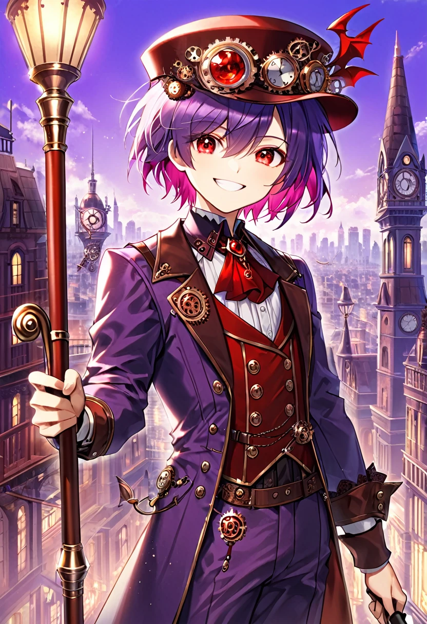 One young boy, red ruby eye, beautiful face like girl, short bob light-purple haircut, in steampunk suit. City background. Hat. Cane. Noble. Devil Smile.