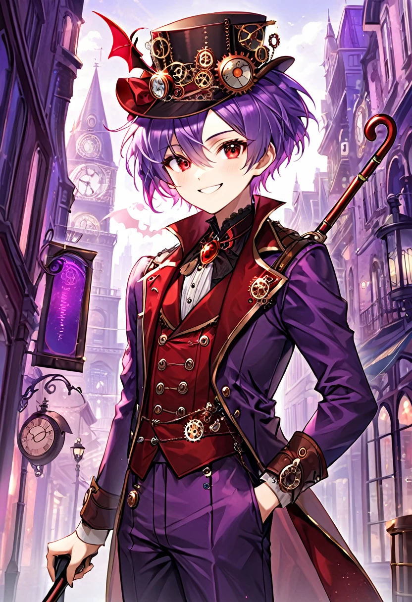 One young boy, red ruby eye, beautiful face like girl, short bob light-purple haircut, in steampunk suit. City background. Hat. Cane. Noble. Devil Smile.