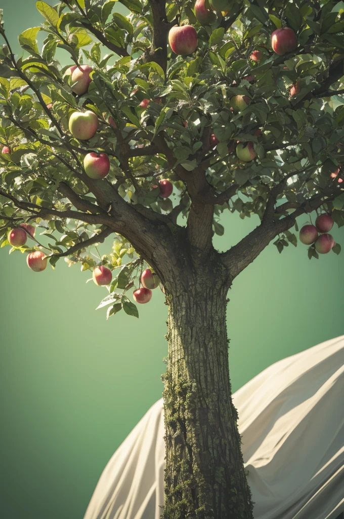 Use the light green background, the dark green letters, is a very large apple tree full of apples, below Jesus with a white toga and a red waistband, on his right side