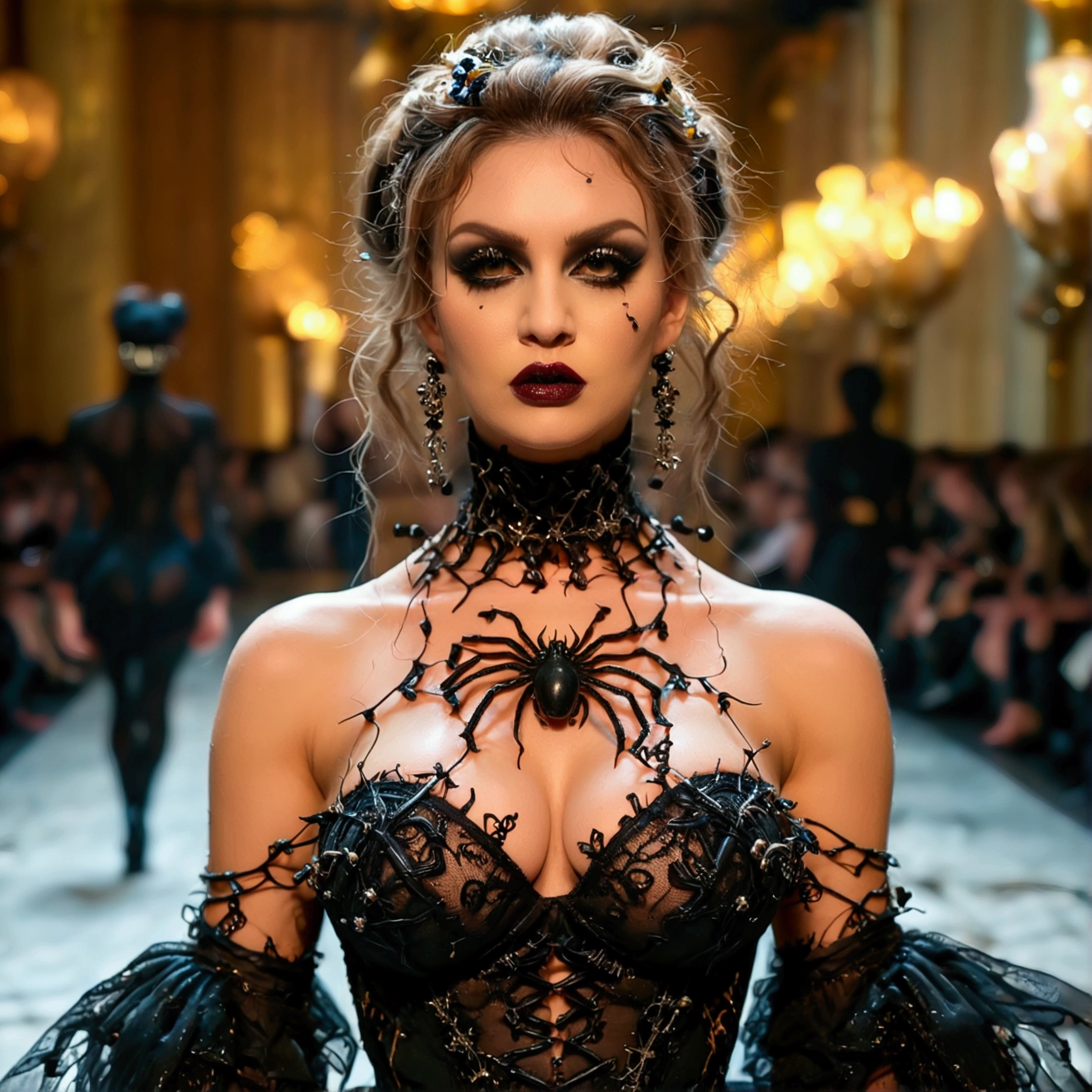 full body shot, fashion photography, a model wearing a (((dress made of creepy spiders))), (((horrorcore))), walking down the catwalk, highly detailed, intricate, fashion shoot, 8k, award winning photography, her (massive breasts:1.4) and (deep cleavage:1.2)