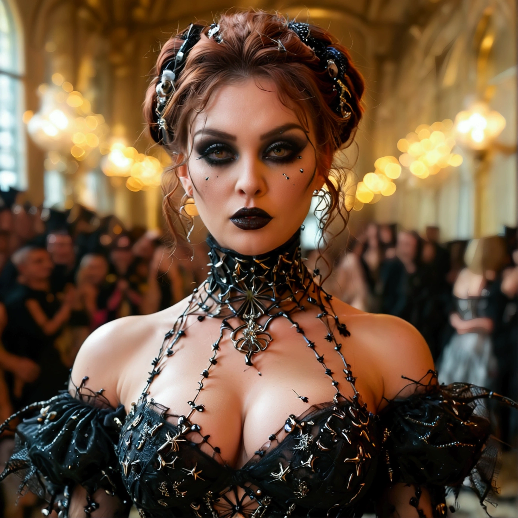 full body shot, fashion photography, a model wearing a (((dress made of creepy spiders))), (((horrorcore))), walking down the catwalk, highly detailed, intricate, fashion shoot, 8k, award winning photography, her (massive breasts:1.4) and (deep cleavage:1.2)