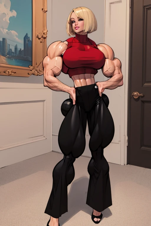coloured sketch, beautiful woman, blonde bob haircut, turtleneck sweater, long baggy pants, strong well defined muscle, bulky powerful bodybuilder physique, massive muscular arms, perfect and flawless musculature, great muscle definition, perfect muscular body, massive muscular thighs, female muscle juggernaut