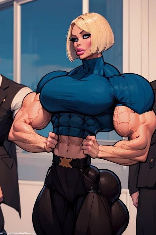 coloured sketch, beautiful woman, blonde bob haircut, turtleneck sweater, long baggy pants, strong well defined muscle, bulky powerful bodybuilder physique, massive muscular arms, perfect and flawless musculature, great muscle definition, perfect muscular body, massive muscular thighs, female muscle juggernaut