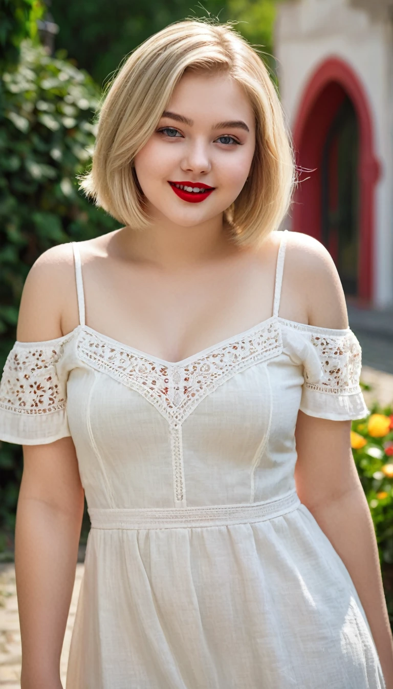 ultrarealistic high quality fullbody photo of a beautiful chubby european 18-year-old girl with cute hyperdetailed shy happy face and shoulder length platin-blonde classic bob and long legs, realistic round eyes, red lipgloss, decent makeup with eyeliner, wearing white long linen dress, cleavage, hourglass body, outdoor photography from behind, sunny day