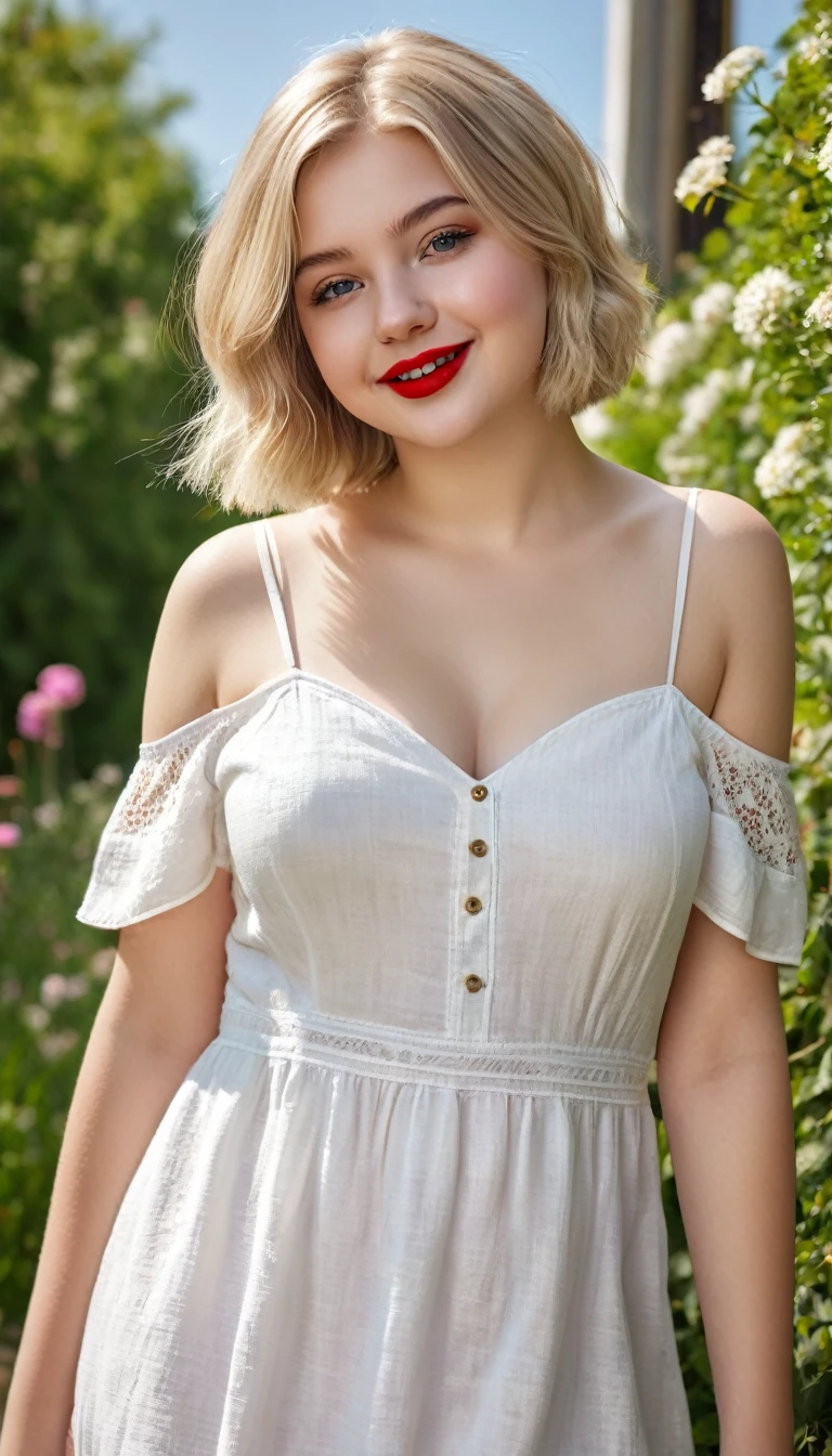 ultrarealistic high quality fullbody photo of a beautiful chubby european 18-year-old teen girl with cute hyperdetailed shy happy face and shoulder length platin-blonde classic bob and long legs, realistic round eyes, red lipgloss, decent makeup with eyeliner, wearing white long linen dress, cleavage, hourglass body, outdoor photography from behind, sunny day