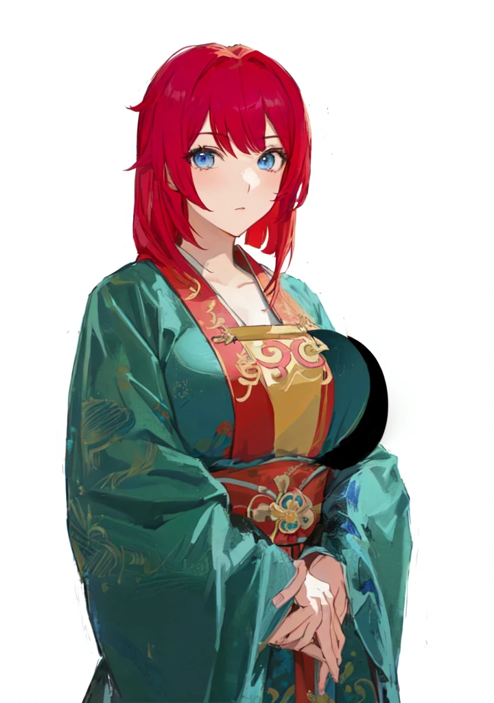 A red-haired man in a blue robe, Produced in collaboration with Anime Painter Studio, In the anime painter studio, April Rendering, A rendering of Mirabelle Madrigal, Erza Scarlet as a real person, Anime woman, She has red hair, female anime character, Demon Slayer Rui Fan Art, ((Wearing noble robes)), Wearing Kimono,Blue Eyes,huge ,sex body,big boods,Hanfu,Chinese style,Serious expression,Three Kingdoms,Dynasty Warriors,Silk clothes,Huge Breasts,Blue Eyes