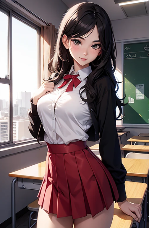 masterpiece, best quality, best lighting, shadows, perfect anatomy, 1 girl, adult anime girl, 21 years old, mature features, showing tits, bitchy face, pretty lips, pretty eyes, black wavy hair, black eyes, seductive eyes, blushing, flirty, pretty smile, tiny red skirt, white tight shirt, classroom background, ass, breast, thighs, seductive, spicy, hot, flirty, nsfw,