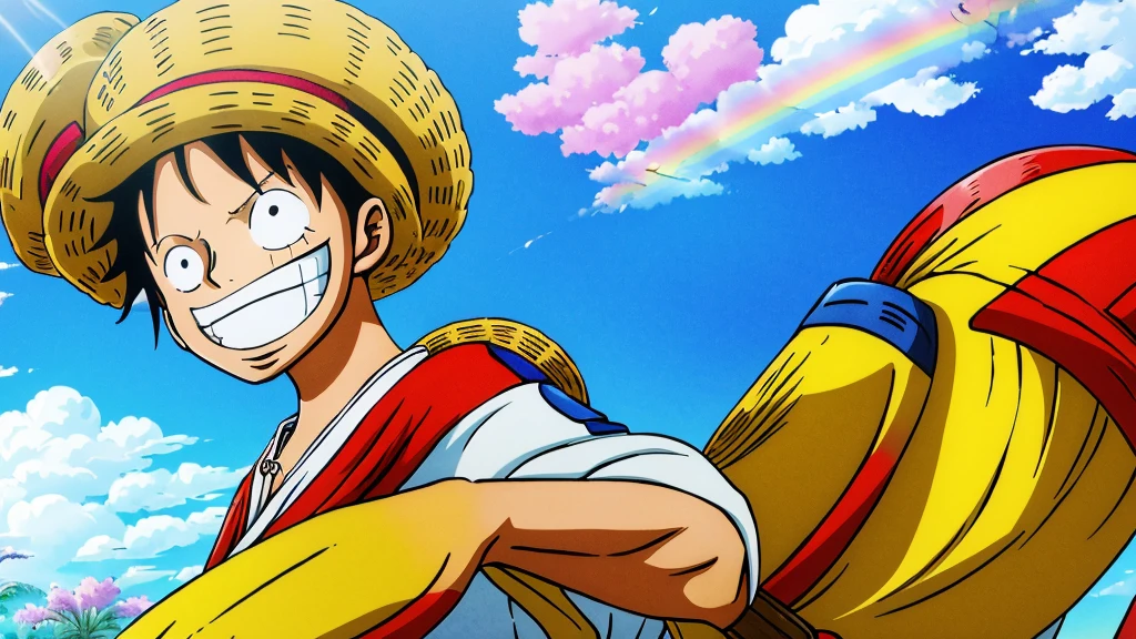 Create a calm image of One Piece with Luffy, the main character, in the center of the image. The image should be simple and not contain too many details. Depict the colorful and fantastical world of One Piece, with recognizable elements such as Luffy's straw hat, palm trees, pirate ships, and maybe even a rainbow in the background to add a soothing touch. Make sure the image is harmonious and conveys a peaceful and joyful atmosphere, perfect for a wallpaper. Thank you in advance for your contribution!