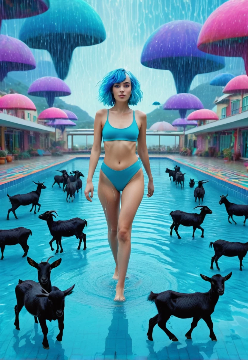 Blue haired woman, a little body fat, walking on planet earth in the shape of a swimming pool, 8k, psychedelia, rain of angels falling from the sky, black goats running 