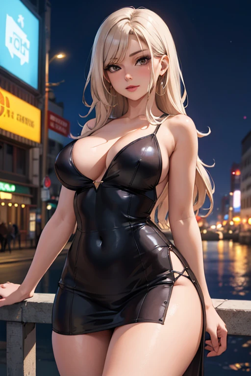 masterpiece, best quality, shadows, perfect hands, perfect legs, perfect anatomy, pretty face, mature features, 1 girl, 21 years old, MILF, mature woman, sexy black dress, city night background, white long hair, thighs, ass, breast, seductive, spicy, posing, cinematography lights,