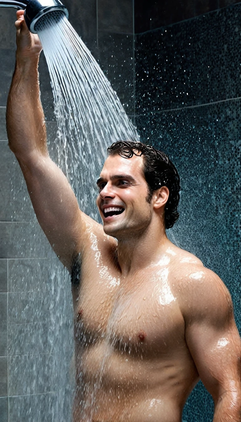 RAW photo beautiful portrait, Henry Cavill super-homem, taking a shower while water falls down your body, looking up with a happy face, while passing your hand over your penis, masturbating 