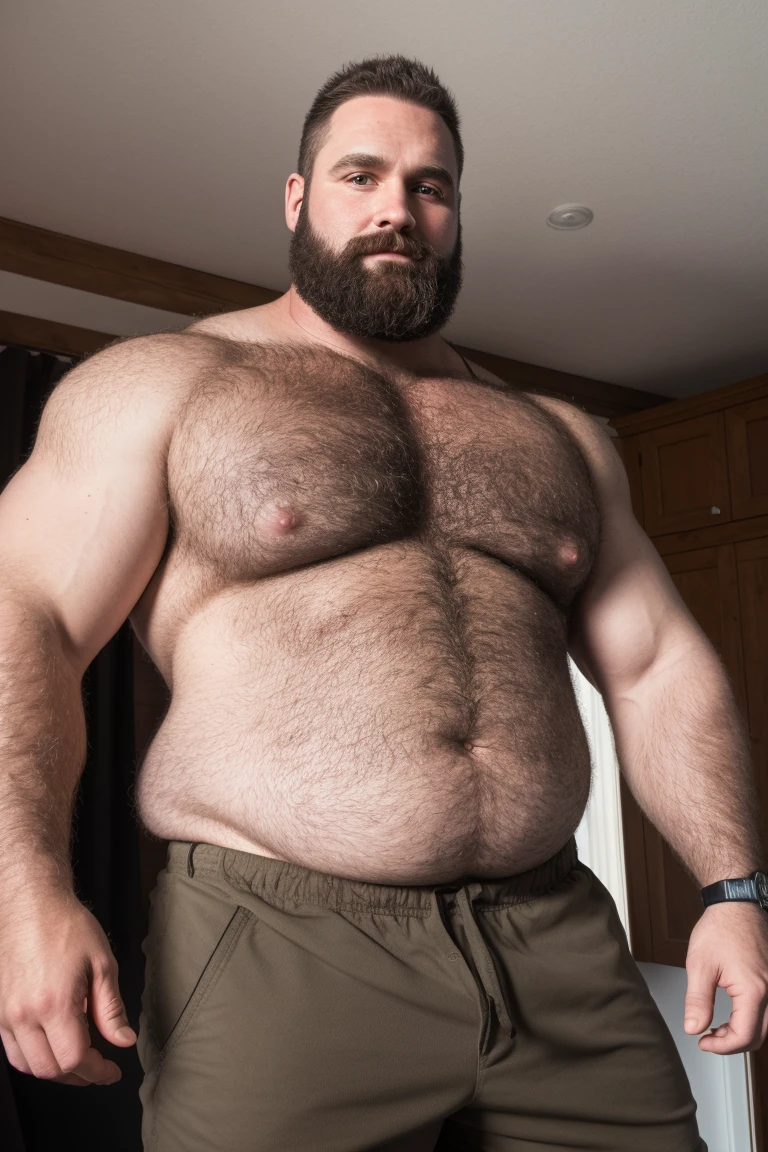 8K HDR Very Extremely Realistic Very Detailed High Quality 8K HDR Very Realistic 46 year old daddy rugged beefy big thick burly chubby bodybuilder muscle bears man, 8KHDR very realistic beared big daddy muscle bear, and 8KHDR very realistic detailed rugged burly man in shorts, 8KHDR very realistic hair, 8KHDR very realistic beards, 8KHDR very realistic thick chubby fat neck, 8KHDR very realistic neck lines, 8KHDR very realistic detailed neck, 8KHDR very realistic burly chest, 8KHDR very realistic detailed hairy burly chest and arms, 8KHDR very realistic detailed hairy burly chest and arms, 8KHDR very realistic burly muscle bear body, 8KHDR very realistic nipples, 8KHDR very realistic burly muscle bear body, 8KHDR very realistic face, 8KHDR very realistic detailed face, 8KHDR very realistic eyes, 8KHDR very realistic detailed eyes, 8KHDR very realistic pupils, 8KHDR very realistic detailed pupils, 8KHDR very realistic head, 8KHDR very realistic waist, 8KHDR very realistic facial features, 8KHDR very realistic burly arms, 8KHDR very realistic elbows, 8KHDR very realistic hands, 8KHDR very realistic pecs, 8KHDR very realistic belly, 8KHDR very realistic human man body, 8K HDR very realistic bellybutton, 8KHDR very realistic wrists, 8KHDR very realistic fingers, 8KHDR very realistic fingernails, 8KHDR very realistic shoulders, 8KHDR very realistic mouth, 8KHDR very realistic lips, 8KHDR very realistic mens clothing, 8KHDR very realistic detailed mens clothing. 8KHDR Very Realistic Hairy Bearded Burly Muscle bear Photoshoot, 8KHDR Very Realistic Ultra-detailed, 8KHDR very realistic detailed bedroom surroundings, 8KHDR very realistic surroundings lighting, No Deformities, An ultra-realistic photograph captured with a Sony α7 III camera, equipped with an 85mm lens in F 1.2 aperture, The cutting-edge Midjourney v5, ( best quality, highres, realistic:1.37), Super real detailed skin, Ultra-detailed, Photorealistic 1.4, hyper photorealism, 8K HDR Clear HDR Quality,