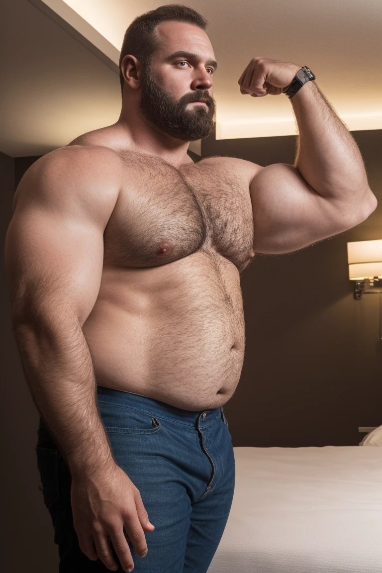 8K HDR Very Extremely Realistic Very Detailed High Quality 8K HDR Very Realistic 46 year old daddy rugged beefy big thick burly chubby bodybuilder muscle bears man, 8KHDR very realistic beared big daddy muscle bear,  and 8KHDR very realistic detailed rugged burly man in shorts, 8KHDR very realistic hair, 8KHDR very realistic beards, 8KHDR very realistic thick chubby fat neck, 8KHDR very realistic neck lines, 8KHDR very realistic detailed neck, 8KHDR very realistic burly chest, 8KHDR very realistic detailed hairy burly chest and arms, 8KHDR very realistic detailed hairy burly chest and arms, 8KHDR very realistic burly muscle bear body, 8KHDR very realistic nipples, 8KHDR very realistic burly muscle bear body, 8KHDR very realistic face, 8KHDR very realistic detailed face, 8KHDR very realistic eyes, 8KHDR very realistic detailed eyes, 8KHDR very realistic pupils, 8KHDR very realistic detailed pupils, 8KHDR very realistic head, 8KHDR very realistic waist, 8KHDR very realistic facial features, 8KHDR very realistic burly arms, 8KHDR very realistic elbows, 8KHDR very realistic hands, 8KHDR very realistic pecs, 8KHDR very realistic belly, 8KHDR very realistic human man body, 8K HDR very realistic bellybutton, 8KHDR very realistic wrists, 8KHDR very realistic fingers, 8KHDR very realistic fingernails, 8KHDR very realistic shoulders, 8KHDR very realistic mouth, 8KHDR very realistic lips, 8KHDR very realistic mens clothing, 8KHDR very realistic detailed mens clothing. 8KHDR Very Realistic Hairy Bearded Burly Muscle bear Photoshoot,  8KHDR Very Realistic Ultra-detailed, 8KHDR very realistic detailed bedroom surroundings, 8KHDR very realistic surroundings lighting, No Deformities, An ultra-realistic photograph captured with a Sony α7 III camera, equipped with an 85mm lens in F 1.2 aperture, The cutting-edge Midjourney v5, ( best quality, highres, realistic:1.37), Super real detailed skin, Ultra-detailed, Photorealistic 1.4, hyper photorealism, 8K HDR Clear HDR Quality, 