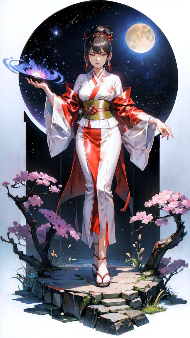 Yakuza Girl, in a silk kimono, dynamic pose, It's night all around, Japanese Garden, moon, super detail, tattoos all over the body, shine,