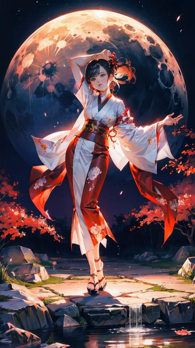 Yakuza Girl, in a silk kimono, dynamic pose, It's night all around, Japanese Garden, moon, super detail, tattoos all over the body, shine,