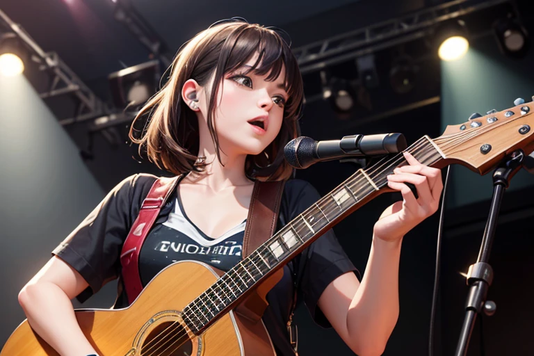 (Highest quality,4K,8k,High resolution,masterpiece:1.2),Very detailed,A girl in her fifties singing into a microphone while playing the guitar, Perform on stage, vocalist, Live Performance, Shot with Canon EOS 5D Mark IV, Singer-songwriter, Playing guitar on stage, Woman Playing Guitar, Gombi, Singer-songwriter, Photo taken with Nikon D750, Photo taken with Nikon D750, Girl playing guitar, musician