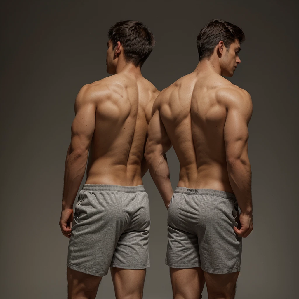 two naked men walking backwards