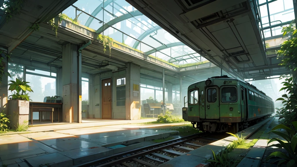 create a scene of an abandoned train station room being taken over by plants. the setting must be futuristic. cyberpunkstyle.