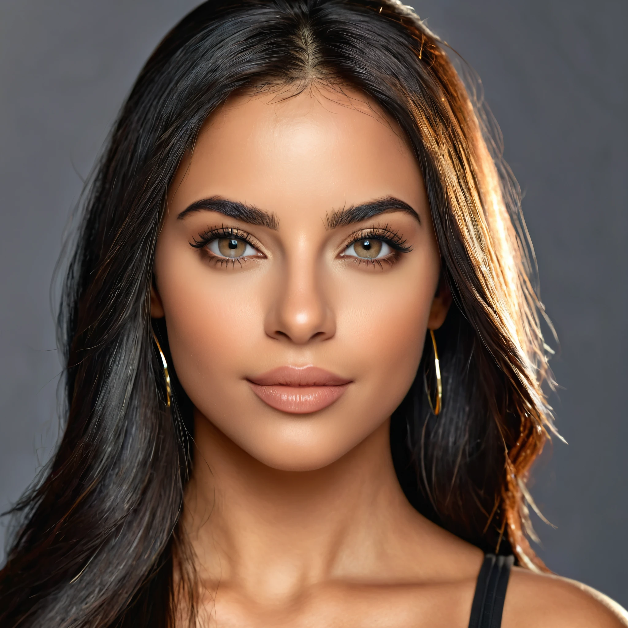 A photorealistic portrait of a 28-year-old Brazilian woman with an oval face, straight black hair, and captivating grey eyes, wearing a stylish black top. Her wheatish skin with light brown tone highlights enhances her extreme beauty, especially her beautiful lips. The image should be a close-up shot, 8k HDR, high detailed, with a focus on her facial features and natural, approachable expression, illuminated by soft, warm sunlight.
