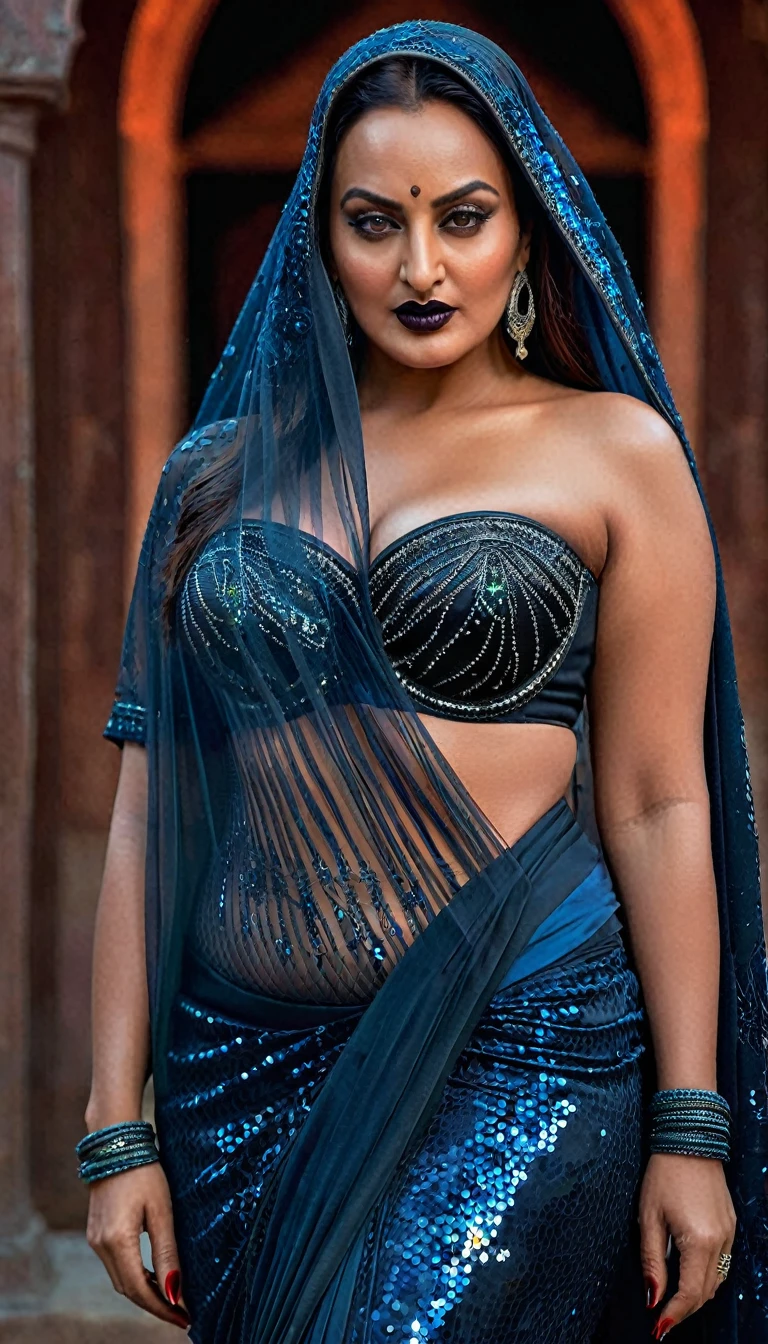 Looks like Nayanthara, milf, cougar lady witch, horny Gothic milf,  50 years old gorgeous mature lady, pervert demoness, demoness of lust, curvy, black lips, horny face, extremely gorgeous, thick figure, heavy physique, voluptuous, curvy, sexy figure, Fashionable portrait of androgynous alien looking witch wearing veil, glowing eyes, futuristic design, minimal details, givenchy, photoreal, 200mm, hd, f/ 2.0, highly detailed, surreal, sexy beautiful evil woman, sexy bold sequin Saree with strapless Bra, chudail, Pishachini, horror genre, blood-thirsty enchantress, powerful female spirit, eerie, drop dead, in the style of red and blue, (intricate details, hyperdetailed:1.15) (skin texture:1.2), dark Moody tone, cinematic lighting, haunted place in background, 