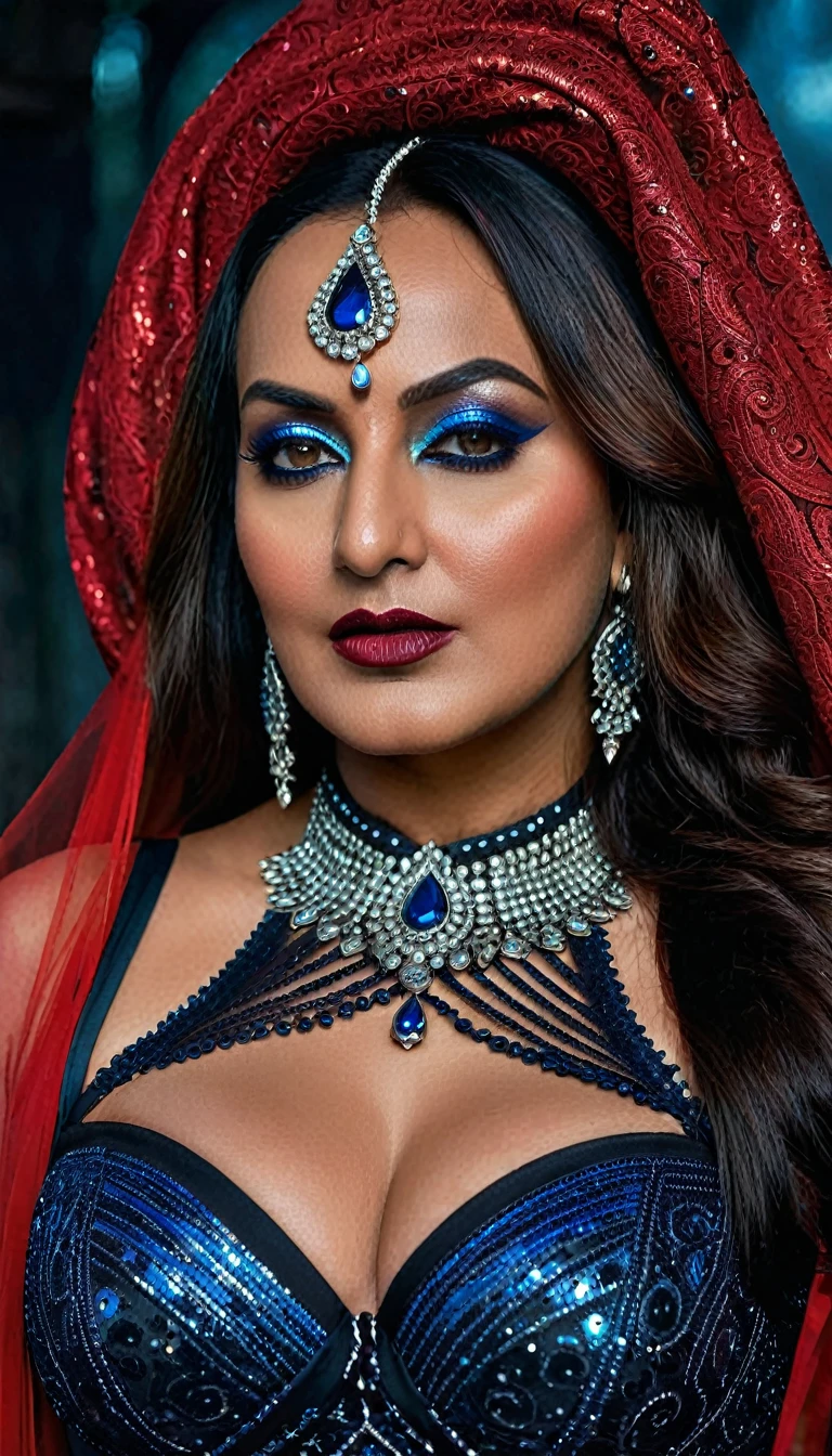 Looks like Sonakshi Sinha, full body Closeup shot, Big chubby aunty, milf, cougar lady witch, horny Gothic milf, 70 years old gorgeous mature lady, pervert demoness, demoness of lust, curvy, black lips, horny face, extremely gorgeous, thick figure, heavy physique, voluptuous, curvy, sexy figure, Fashionable portrait of androgynous alien looking witch wearing veil, glowing eyes, futuristic design, minimal details, givenchy, photoreal, 200mm, hd, f/ 2.0, highly detailed, surreal, sexy beautiful evil woman, sexy bold sequin Saree with strapless Bra, chudail, Pishachini, horror genre, blood-thirsty enchantress, powerful female spirit, eerie, drop dead, in the style of red and blue, (intricate details, hyperdetailed:1.15) (skin texture:1.2), dark Moody tone, cinematic lighting, haunted place in background,
