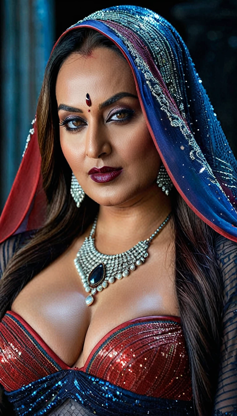Looks like Sonakshi Sinha, full body Closeup shot, Big chubby aunty, milf, cougar lady witch, ????? Gothic milf,  70 years old gorgeous mature lady, pervert demoness, demoness of lust, curvy, black lips, ????? face, extremely gorgeous, thick figure, heavy physique, voluptuous, curvy, ???? figure, Fashionable portrait of androgynous alien looking witch wearing veil, glowing eyes, futuristic design, minimal details, givenchy, photoreal, 200mm, hd, f/ 2.0, highly detailed, surreal, ???? beautiful evil woman, ???? bold sequin Saree with strapless Bra, chudail, Pishachini, horror genre, blood-thirsty enchantress, powerful female spirit, eerie, drop dead, in the style of red and blue, (intricate details, hyperdetailed:1.15) (skin texture:1.2), dark Moody tone, cinematic lighting, haunted place in background, 