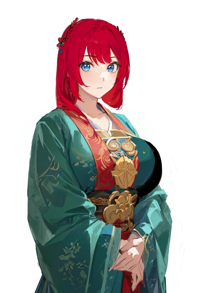 A red-haired man in a blue robe, Produced in collaboration with Anime Painter Studio, In the anime painter studio, April Rendering, A rendering of Mirabelle Madrigal, Erza Scarlet as a real person, Anime woman, She has red hair, female anime character, Demon Slayer Rui Fan Art, ((Wearing noble robes)), Wearing Kimono，Blue Eyes，huge ，sex body，big boods，Hanfu，Chinese style，Serious expression，Three Kingdoms，Dynasty Warriors，Silk clothes，Huge Breasts，Blue Eyes