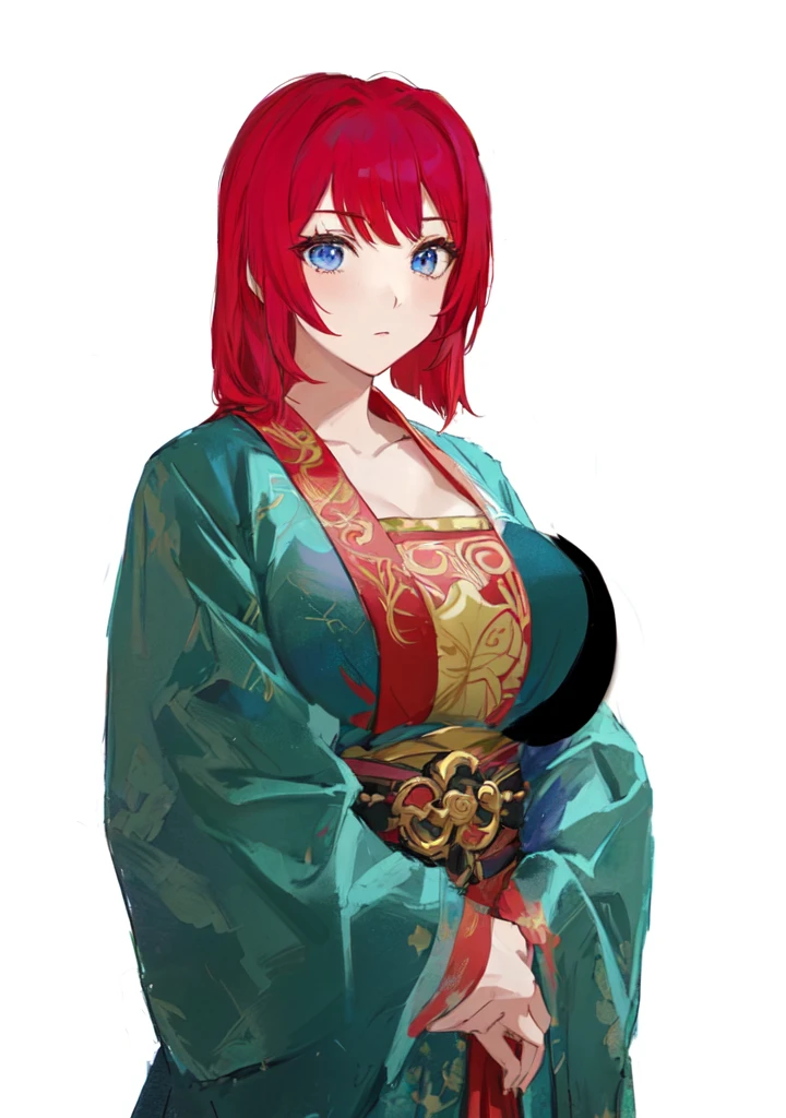 A red-haired man in a blue robe, Produced in collaboration with Anime Painter Studio, In the anime painter studio, April Rendering, A rendering of Mirabelle Madrigal, Erza Scarlet as a real person, Anime woman, She has red hair, female anime character, Demon Slayer Rui Fan Art, ((Wearing noble robes)), Wearing Kimono,Blue Eyes,huge ,sex body,big boods,Hanfu,Chinese style,Serious expression,Three Kingdoms,Dynasty Warriors,Silk clothes,Huge Breasts,Blue Eyes