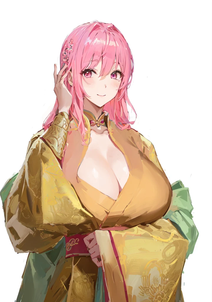 Wearing a robe、Pink Hair的动漫女孩, Produced in collaboration with Anime Painter Studio, Thickness, OPPEIN, Sakura Haruno, Si Tu Shi, In the anime painter studio, Hillabi, Goto Indian Summer, ((Wearing noble robes)), Flower shape, OPPEIN proportions, Break, 3/4 Break,Three Kingdoms,Dynasty Warriors,big boods,huge ,Pink Hair,Pink Eyes,Hanfu,Chinese style and ancient style,Smile,Hands playing with hair,Silk clothes,Noble girl,Good shape,sex body