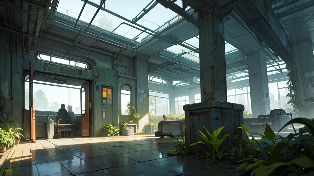 create a scene of an abandoned train station room being taken over by plants. the setting must be futuristic. cyberpunkstyle.