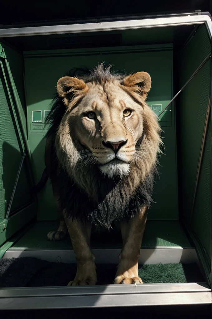 a stylized lion, dark green color palette, subtle financial market elements (like a chart or coin), a stylized safe, business attire, confident