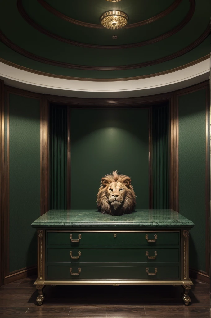 a stylized lion, dark green color palette, subtle financial market elements (like a chart or coin), a stylized safe, business attire, confident