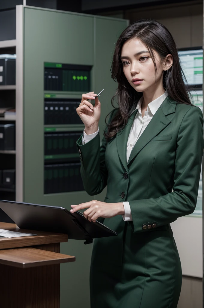 a stylized lion, dark green color palette, subtle financial market elements (like a chart or coin), a stylized safe, business attire, confident