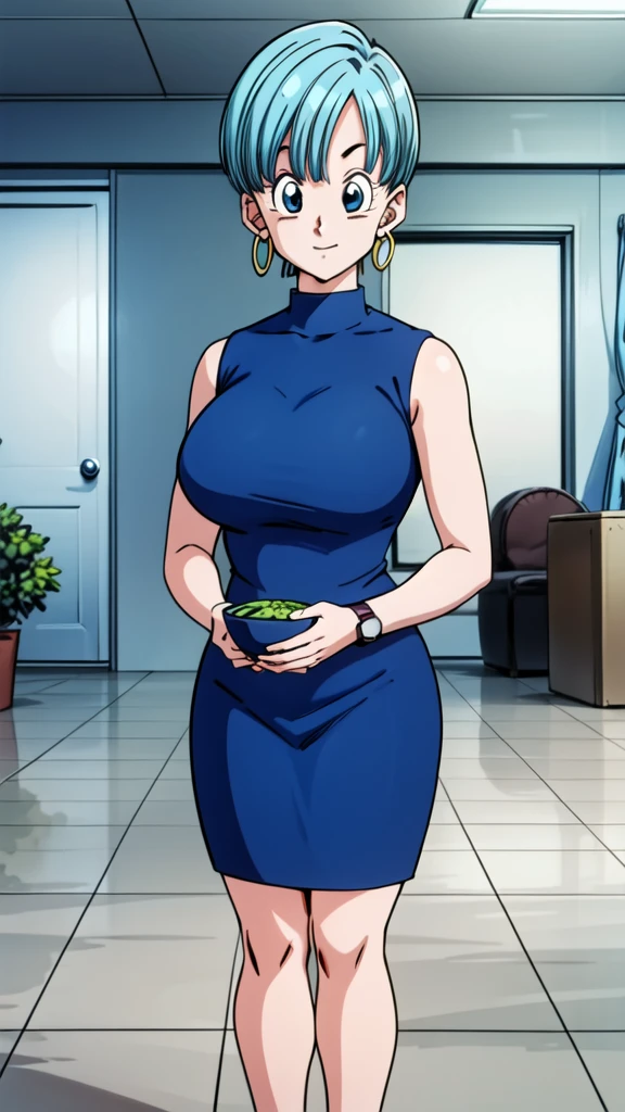 bulma, 1girl, solo, looking at viewer, bowl cut, very short hair, blue eyes, holding, jewelry, upper body, earrings,  hair, sleeveless, indoors, bracelet, watch, hoop earrings, wristwatch, (huge breasts 1.3), curvy hips, full body, blue dress
