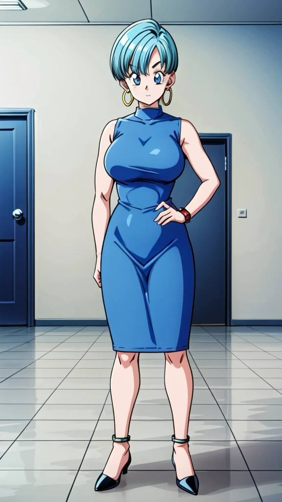 bulma, 1girl, solo, looking at viewer, bowl cut, very short hair, blue eyes, holding, jewelry, upper body, earrings,  hair, sleeveless, indoors, bracelet, watch, hoop earrings, wristwatch, (huge breasts 1.3), curvy hips, full body, blue dress
