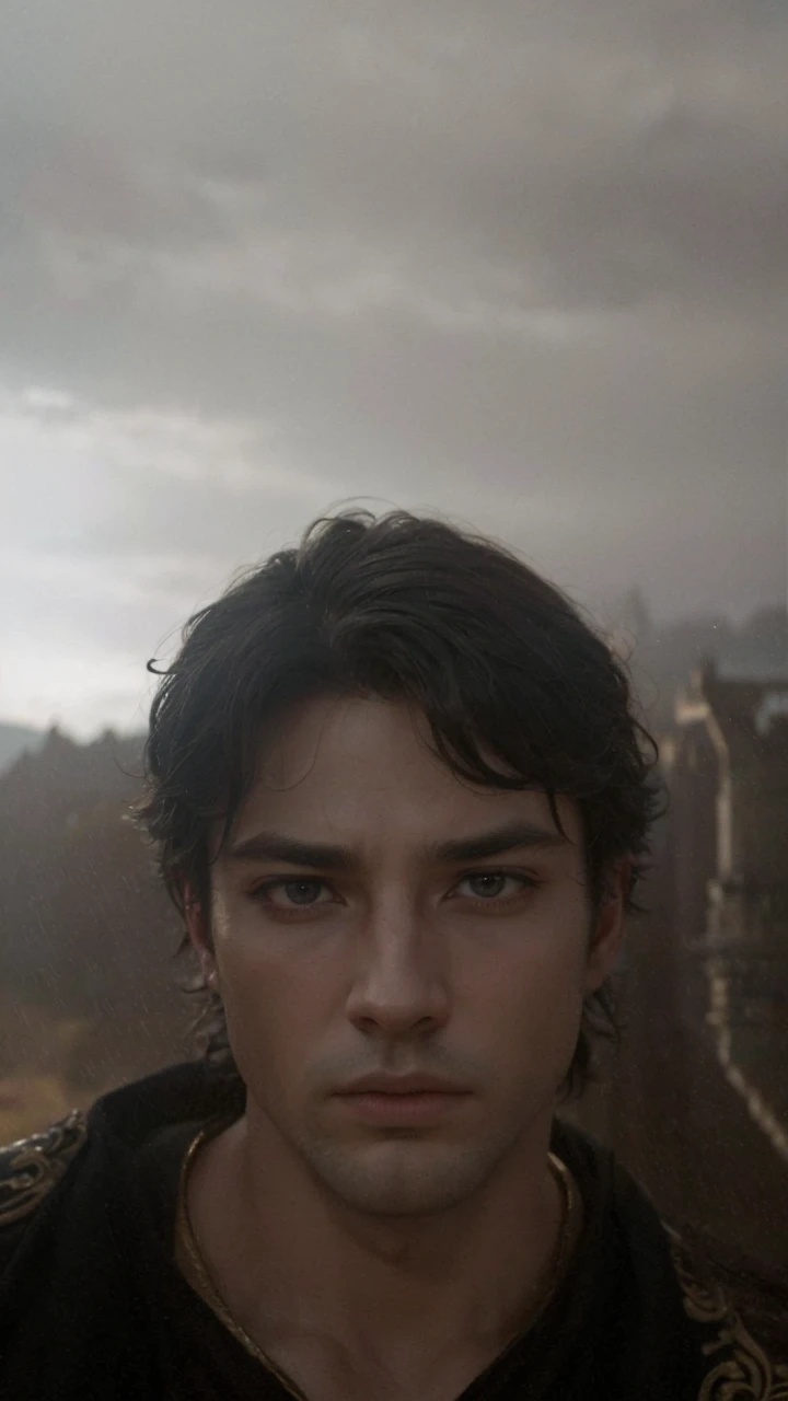 A majestic king in a fantasy world, (best quality,4k,8k,highres,masterpiece:1.2),ultra-detailed,(realistic,photorealistic,photo-realistic:1.37),oil painting, beautifully detailed face and eyes, flowing royal robes, intricate crown, dramatic lighting, cinematic composition, vibrant colors, epic medieval landscape, dramatic clouds, castle in the background