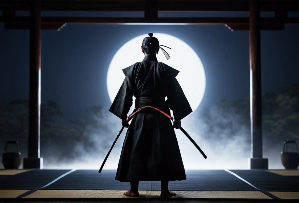 samurai, wearing a black hakama, Blur the background, 8k, Japanese atmosphere, warrior, dark, silhouette, cold,