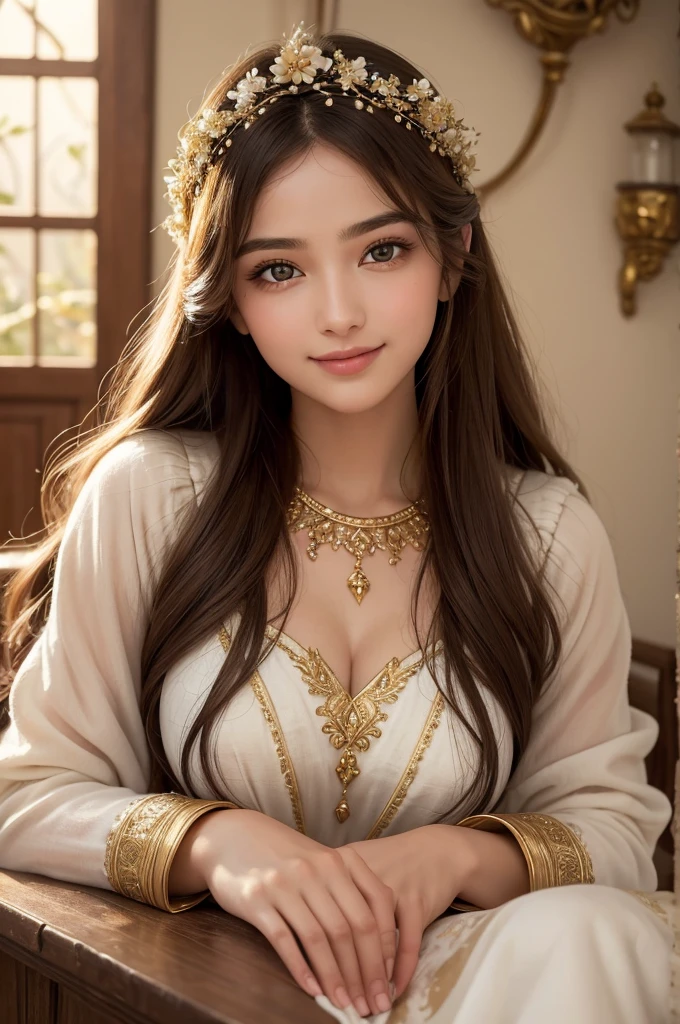 Absurd, ultra-detailed, high quality, masterpiece, detailed face, beautiful eyes(detailed eyes), Greek mythology Goddess, Hestia, goddess of the hearth and home, gentle and graceful, face exudes warmth and kindness, eyes described as soft and comforting, hold a gentle and steady gaze, Golden hair color, falls in gentle waves, hair adorned with floral accents, the overall appearance and modest, The fabric of her garments usually depicted as soft and earth-toned, beauty lies not in extravagant adornments, Her smile serene and welcoming