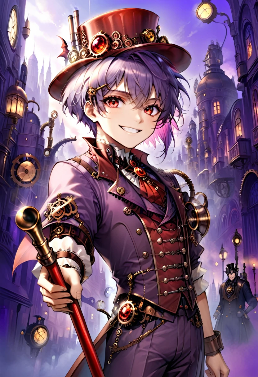 One young boy, red ruby eye, beautiful face like girl, short bob light-purple haircut, in steampunk suit. City background. Hat. Cane. Noble. Devil Smile.