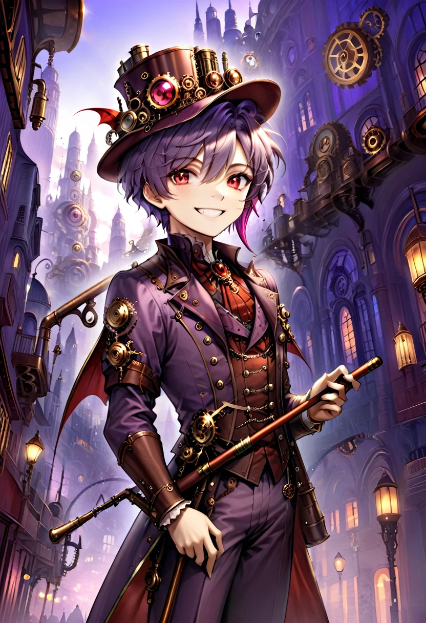 One young boy, red ruby eye, beautiful face like girl, short bob light-purple haircut, in steampunk suit. City background. Hat. Cane. Noble. Devil Smile.