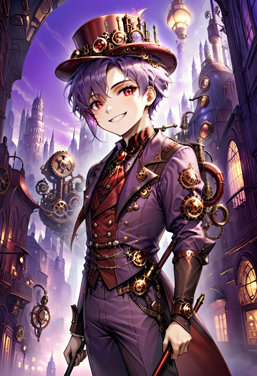 One young boy, red ruby eye, beautiful face like girl, short bob light-purple haircut, in steampunk suit. City background. Hat. Cane. Noble. Devil Smile.