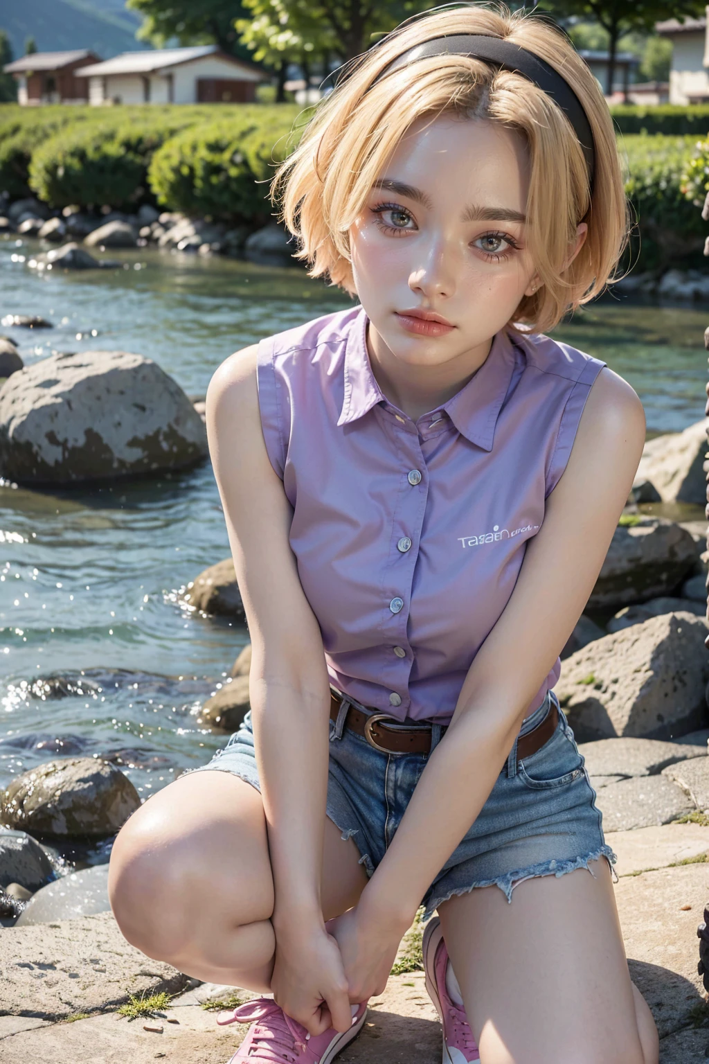 1 woman ((30 years old)), tarankaaa, NOT DASHA TARAN, standing, perfect body, best quality, 32k, photograph, full body (head to toe), tone mapping, ((houjou satoko,short hair,black hairband,blonde hair,violet eyes,hair between eyes,collared shirt,sleeveless shirt,pink shirt,shirt tucked in,small breasts,belt,short shorts,blue shorts,white socks,pink footwear, athletic, big woman)), asian-european, ((golden blonde hair, short hair, purple eyes)) perfectly drawn hands, ((masterpiece)), ((highres)), ((detailed background)), japanese village background, next to a river, (big proportions), cute pose, smiling, ((perfect eyes, detailed eyes, realistic eyes)), ((sharp face, detailed face, realistic face, natural skin, realistic skin, detailed skin, pores)), 
