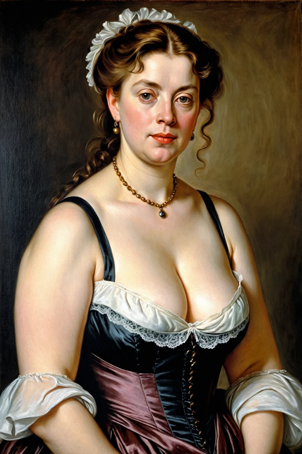 portrait painting of a thick Beautiful middle aged woman, extremely gorgeous, wearing a Victorian Camisole dress or chemise, by Peter Paul Rubens, in Peter Paul Rubens style, by Caravaggio, intricate, flawless, masterpiece, Best quality, 