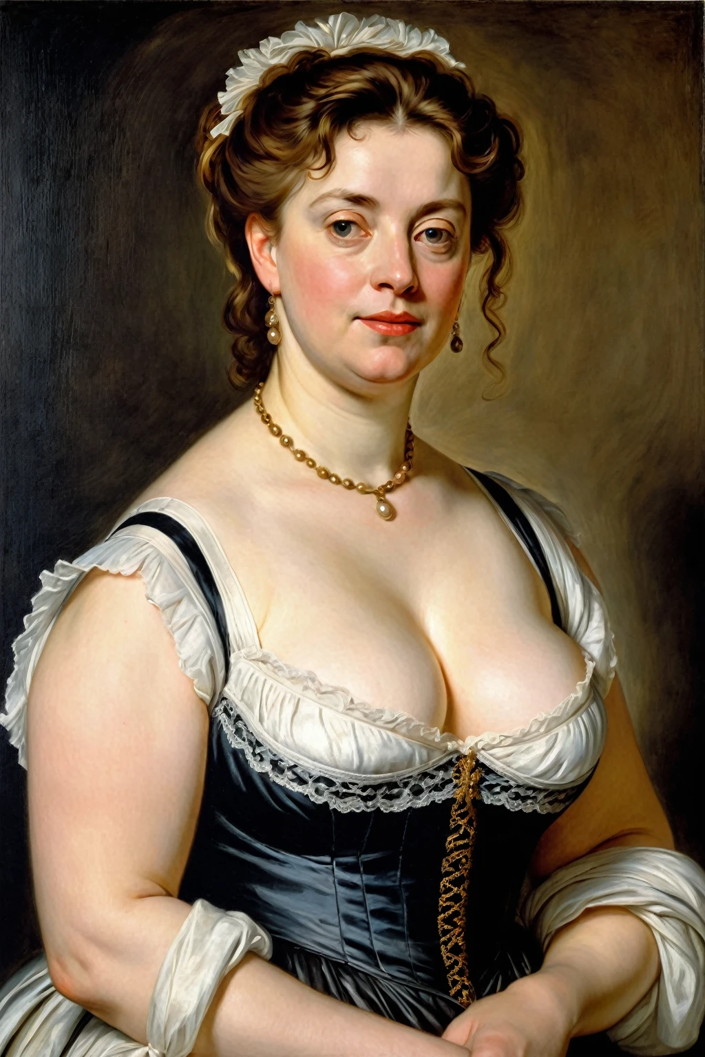portrait painting of a thick Beautiful middle aged woman, extremely gorgeous, wearing a Victorian Camisole dress or chemise, by Peter Paul Rubens, in Peter Paul Rubens style, by Caravaggio, intricate, flawless, masterpiece, Best quality,