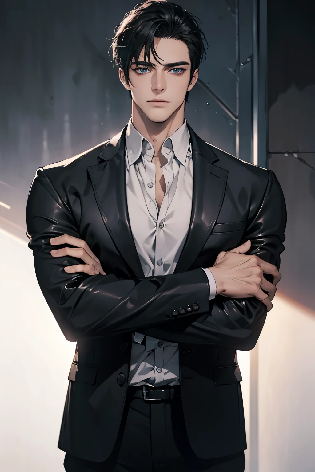 (Best Quality,4k,8k,high resolution,Masterpiece:1.2),ultra detailed,(realist,photorealist,photo-realist:1.37),1 man,31 years,mature man,muscular,square jaw,very handsome,without expresion,short gray black hair,hairstyle,Blue eyes,glare,perfect face without mistakes,imposing posture,collar jacket,leather jacket,dark background,cinematic lighting,imagen HDR