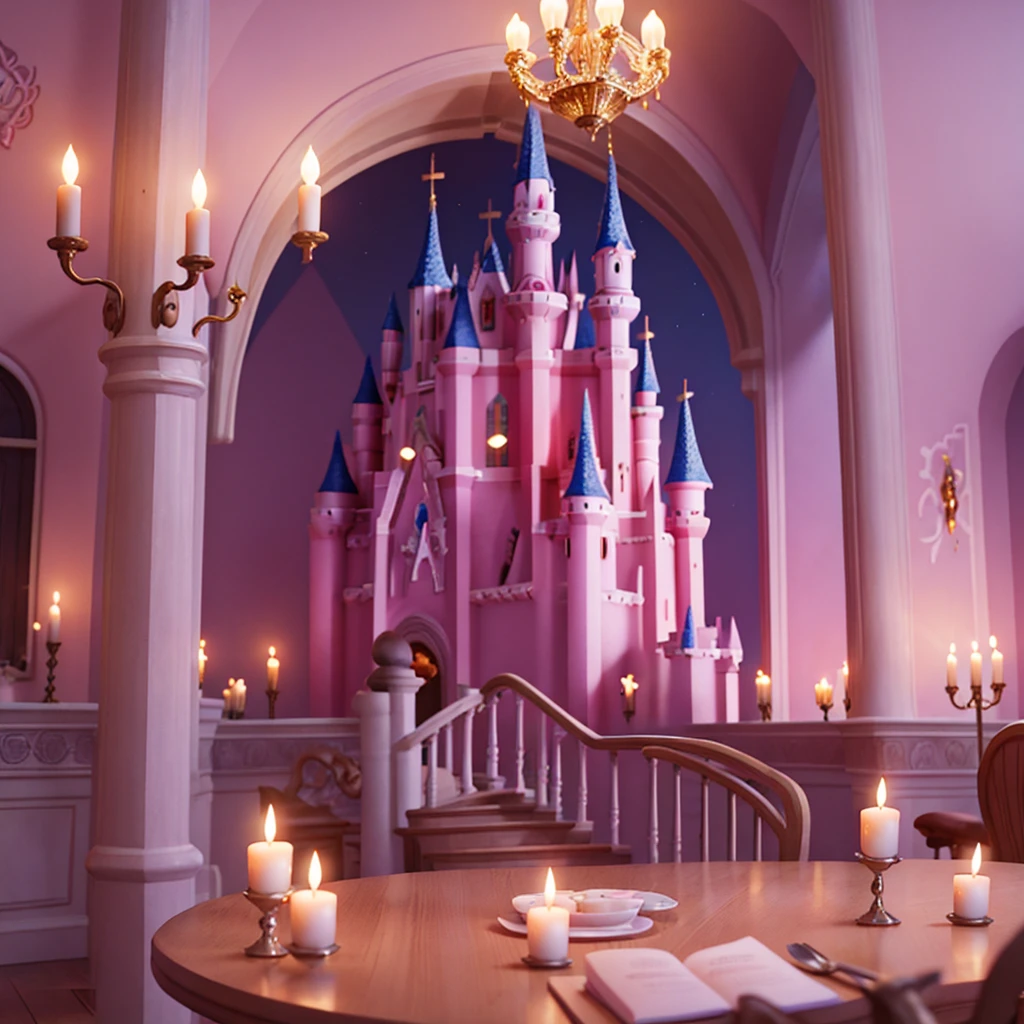 Affiche 3D inspirée de Disney Pixar , interior of a pink and silver castle , luxurious and magical , with candles