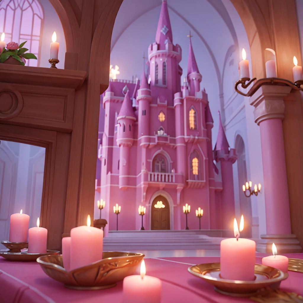 Affiche 3D inspirée de Disney Pixar , interior of a pink and silver castle , luxurious and magical , with candles